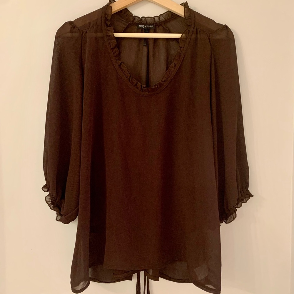 Oleg Cassini Sheer Trending Chocolate Brown Blouse Size 12